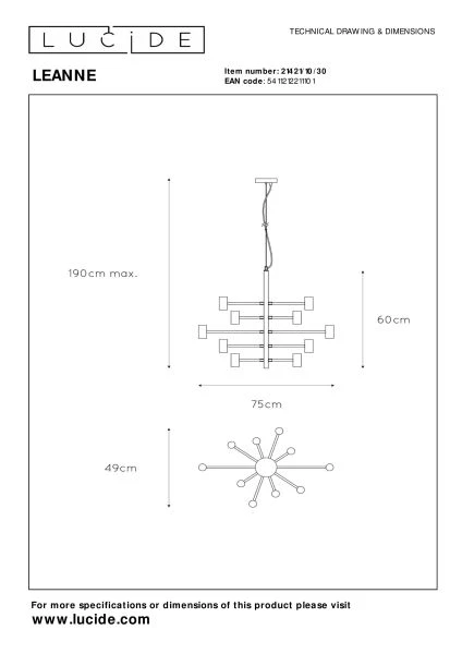 Lucide LEANNE - Hanglamp - Ø 65 cm - 10xE27 - Zwart - technisch